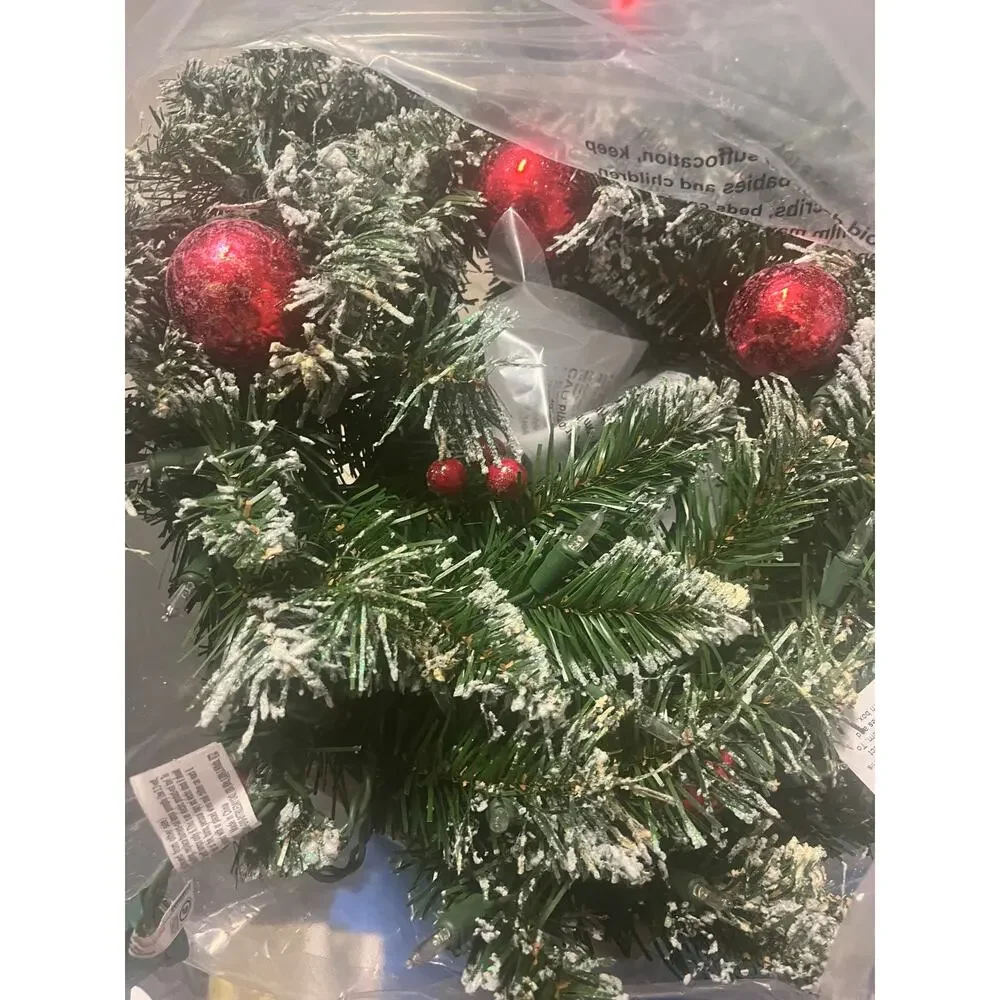 Nearly Natural Pre-Lit Frosted Artificial Christmas Wreath, 24-Inch, Clear